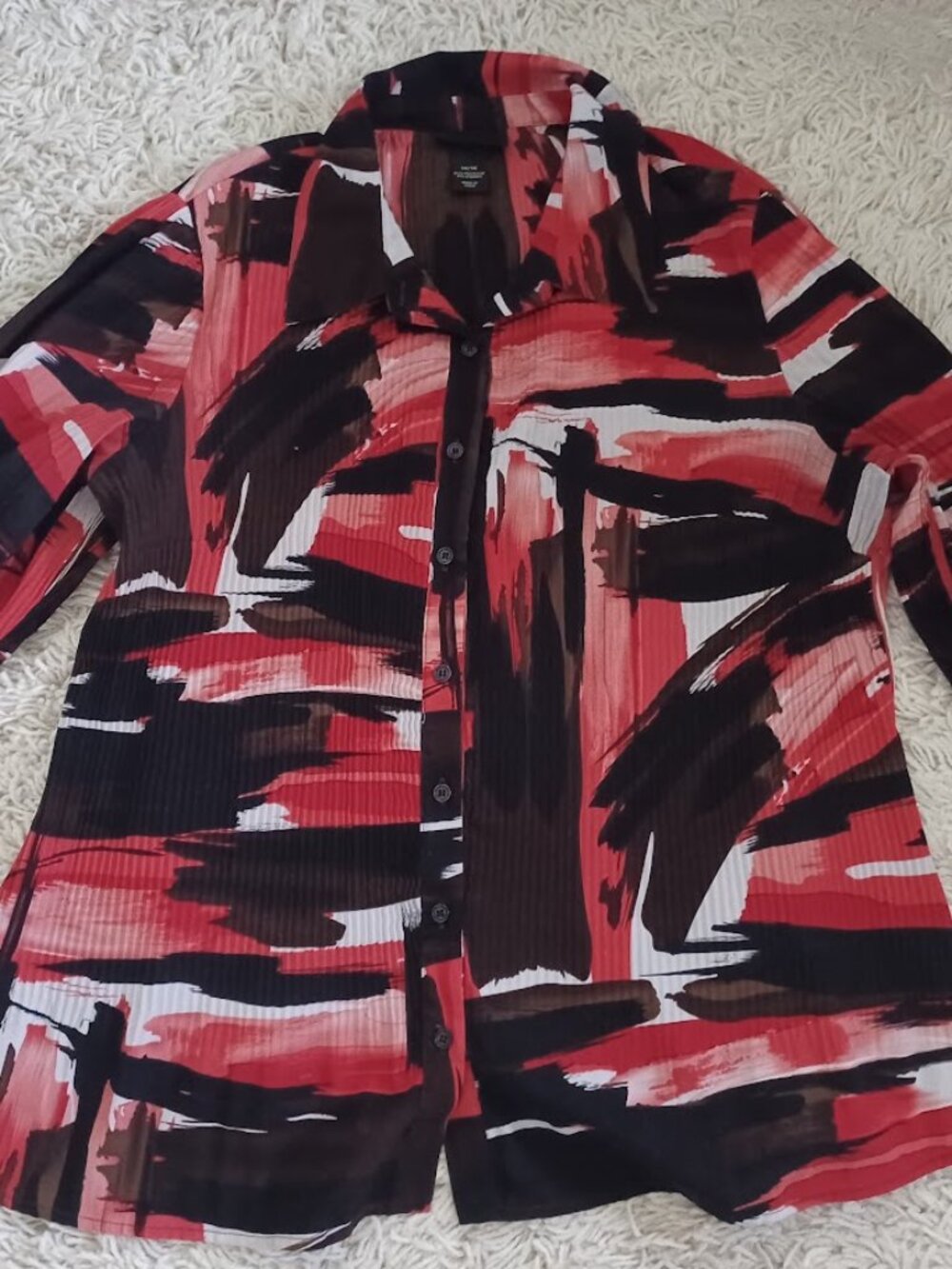 Lane Bryant Blouse Womens 14/16 Red Black Abstract Pleated Button Up Tunic